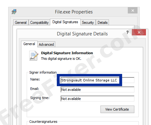 Screenshot of the Strongvault Online Storage LLC certificate